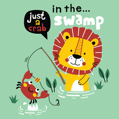 Cartoon lion standing in swamp holding fishing rod with cheerful crab caught on hook in green wild setting. Children nature concept
