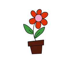 red and yellow flower vector in pot, white background line drawing.Houseplant in pot.Sketch illustration, Coloring book, cartoon, t-shirt print, icon, logo, label, patch, sticker.