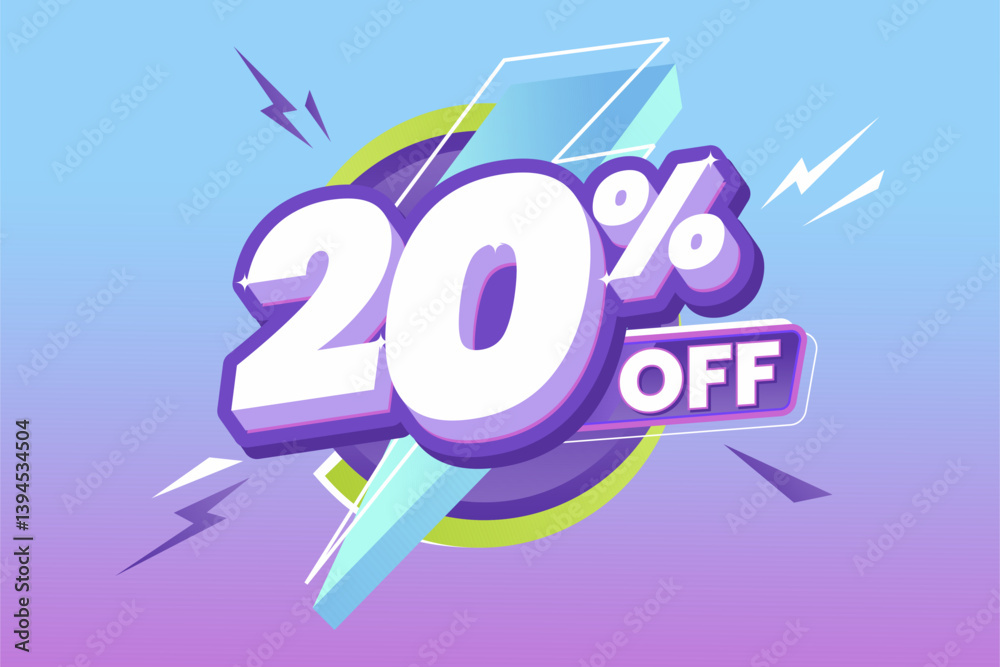 Fototapete 20% off discount offer with bold text and lightning elements on gradient blue-purple background