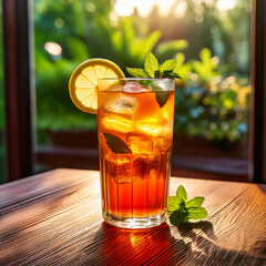 un vaso de bebida refrescante para el calor con una infusion de te frio con hielo, menta y una rodaja de limon sobre una mesa de cocina junto al jardin