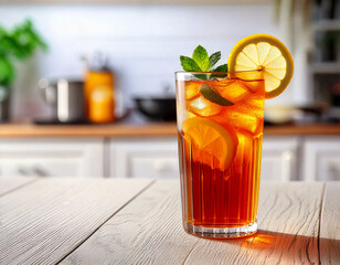 un vaso de bebida refrescante para el calor con una infusion de te frio con hielo, menta y una rodaja de limon sobre una mesa de cocina