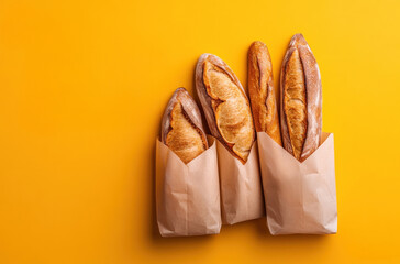 Baguettes with copy space, loaves of bread, on a yellow background