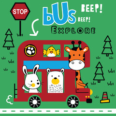 Colorful animal bus illustration with "EXPLORE" text and road sign details. Transport concept
