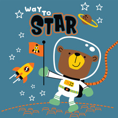 Cartoon bear astronaut holding a flag with 