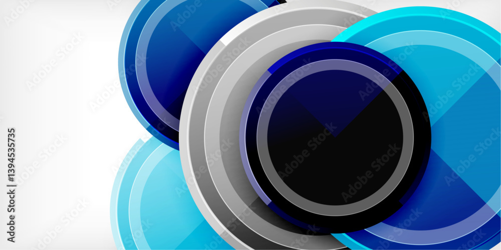 Poster abstract design features overlapping circles, varying shades blue, gray. modern aesthetic, clean lin