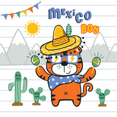 Naklejka premium Cartoon tiger wearing a sombrero and scarf, holding maracas with 