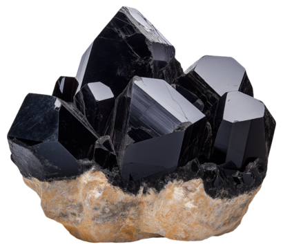Glossy black crystal cluster with angular shapes