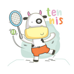 Cartoon cow playing tennis with a racket and ball in a fun, playful design. Sports concept
