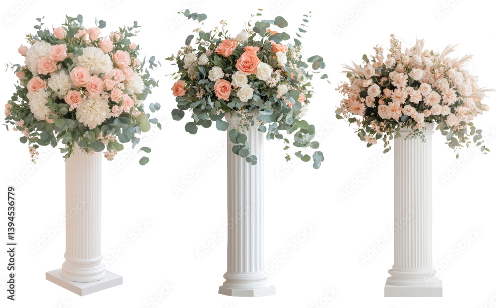 Aufkleber elegant floral arrangements on minimalist pedestals create a serene atmosphere in a modern setting