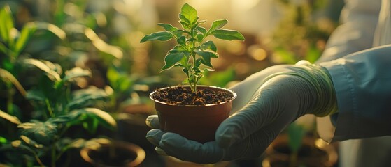 Gloved hands holding a pot with a young plant, great for articles on gardening, environmental initiatives, home care blogs.