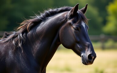 Obraz premium A striking close-up of a black horse highlighting its elegant features and glossy coat in a serene setting