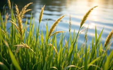 Obraz premium Lush green grasses sway beside a tranquil body of water, reflecting soft golden light