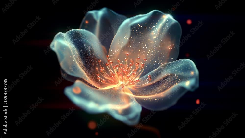 Poster a luminous transparent flower with fine golden veins and shimmering pollen slowly opens its petals. 