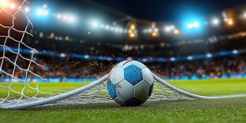 Naklejka premium Football rests on the vast field of a grand stadium, ready for the game to begin, symbolizing passion, competition, and the excitement of the sport