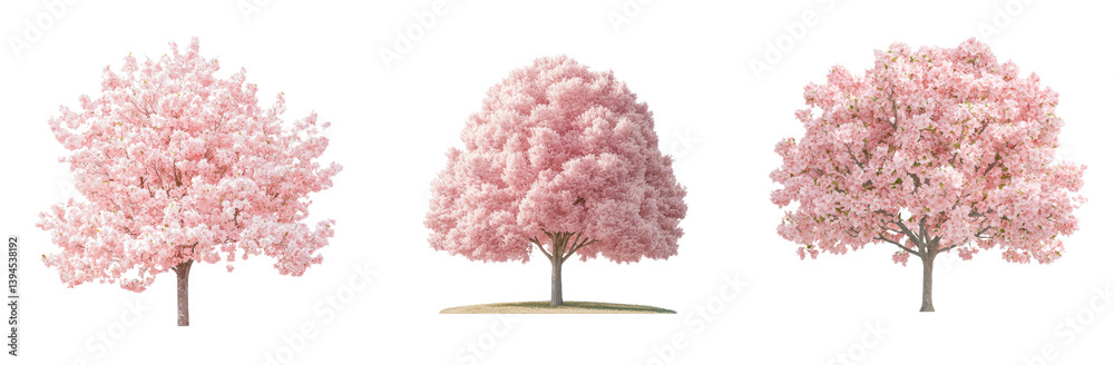 Poster isolated minimalist mockups of blooming pink trees showcasing different perspectives in a serene set