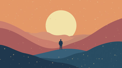 Abstract background in the form of mountains in warm and blue colors with the sun and a human figure with the addition of pollen