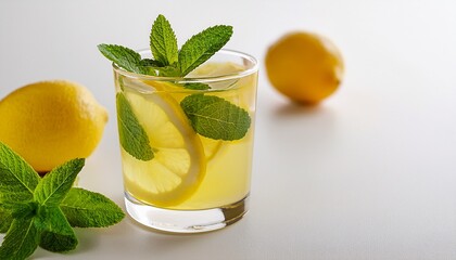 Fototapeta premium Refreshing glass of chilled lemonade with mint and ice, capturing the essence of summer with vibrant yellow hues and a cool, fresh vibe; soft focus; white background, high resolution, copy space