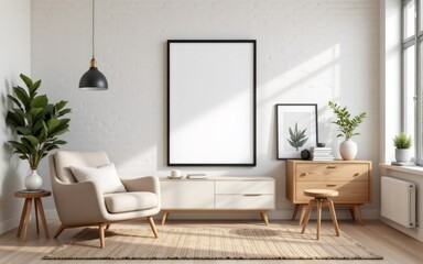 Fototapeta premium A serene interior featuring neutral tones, modern furniture, and lush plants, creating a cozy and inviting atmosphere