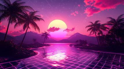 A retro 80s vaporwave-style landscape with neon grid lines, palm trees, and a vibrant pink and purple sunset