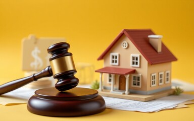 An image depicting a gavel, model house, and financial documents against a yellow backdrop, symbolizing real estate and law