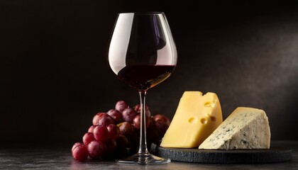 Red wine; In a dimly lit room, a glass of red wine stands beside ripe grapes and artisan cheese, creating a cozy, luxurious evening scene