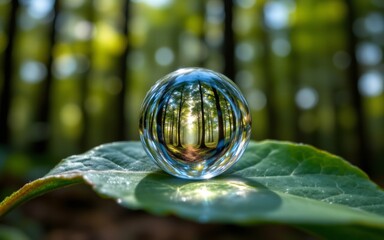 A glass sphere rests on a leaf, reflecting a serene forest scene with soft, diffused light