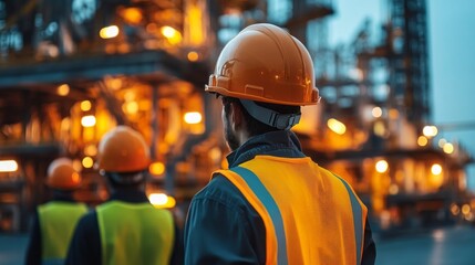 A team of oil workers in hard hats gathers to oversee operations at a refinery during twilight. The vibrant glow of machinery contrasts against the evening sky, highlighting their focus