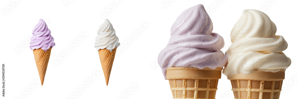 Poster isolated minimalist mockups showcasing soft serve ice cream cones in lavender and vanilla colors on 