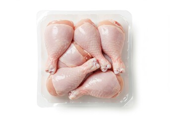 Fototapeta premium Raw chicken drumsticks arranged in a clear plastic tray on a plain white surface ready for cooking
