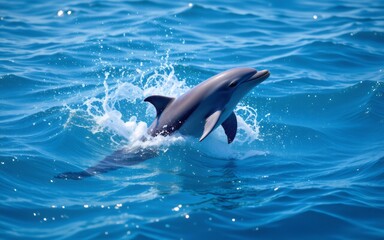 Naklejka premium A dolphin gracefully leaps above the ocean surface, creating splashes in the clear blue water