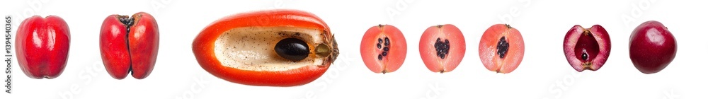 Poster Various stages of sapodilla fruit displayed in isolated minimalist mockups showing whole and sliced forms