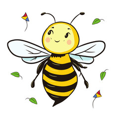 Children's drawing style. Bee among leaves and flying kites. Can be used as an independent illustration or as an element for creating a composition.
