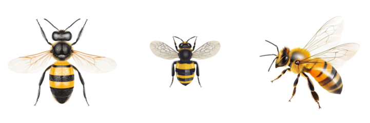 Exploring fascinating details of three bee species in isolated minimalist mockups on a white background