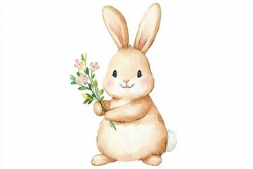 Obraz premium Cute watercolor bunny holding flowers in a charming garden setting adorable artwork for nature lovers