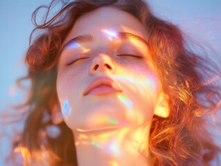 Woman with closed eyes and prism lights