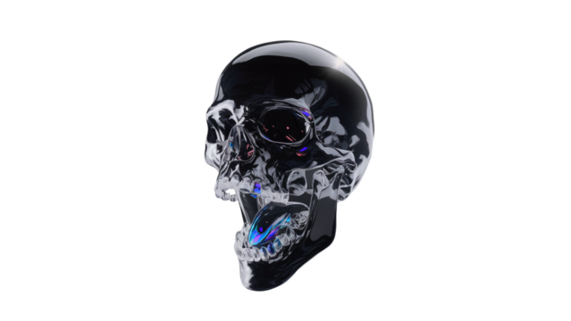 A cyberpunk-inspired dark skull, ideal for futuristic, technology, or horror-themed designs.