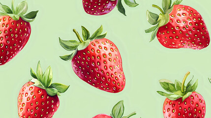 Seamless pattern of ripe strawberries and green leaves on pistachio background