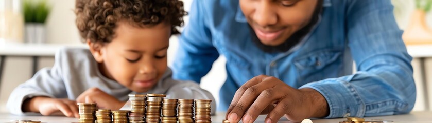 parent teaching child about coin stacks, advisor observing in background.