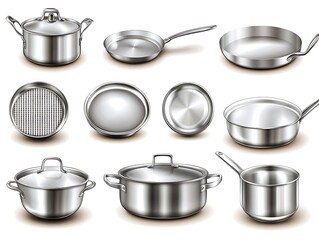 Collection of stainless steel cookware, various pans and pots