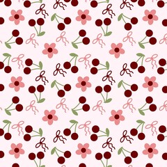Seamless pattern. Red cherry with flower blossom and ribbon isolated on pink background. Design for print or screen backdrop, Fabric and tile wallpaper. Cartoon fruits. Vector. Illustration.