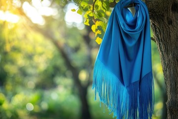 Bright Blue Shawl or Scarf with Fringe on a Hanger in the Tree Outdoors Vertical Format