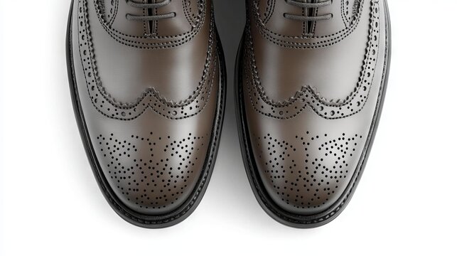 Two neatly lined-up pairs of men's brogue shoes on a white background