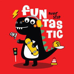Cartoon dinosaur with a skateboard and "Fantastic" message, sporting headphones and a cap in a fun, colorful design. Skateboarding concept  © zamart