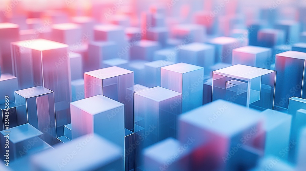 Poster a vibrant abstract image of translucent cubes arranged in a 3d grid, creating a futuristic and techn