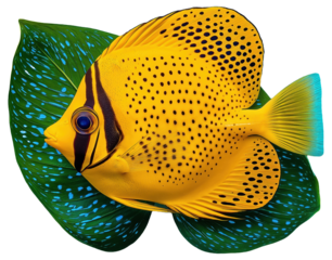 Yellow fish with black spots on a green leaf