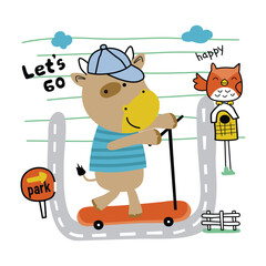 Cartoon cow riding a scooter with a 