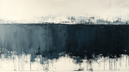 Abstract painting with dark blue and gray hues, textured brushstrokes, and a horizontal composition.