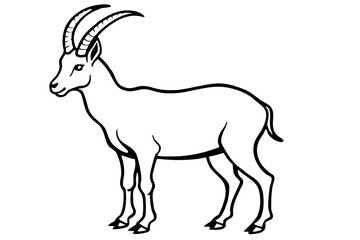 Elegant Addax antelope silhouette in minimalist line art vector style. This clean and modern wildlife design features the distinctive curved horns and sleek profile of the desert-dwelling Addax, 