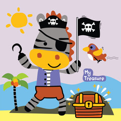 Cartoon pirate zebra holding a flag with a treasure chest on a tropical island with a bird flying, in a colorful and fun design. Pirate concept
