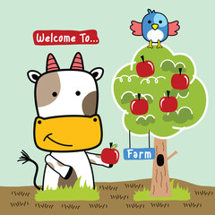 Cartoon cow holding an apple under an apple tree with a bird and 
